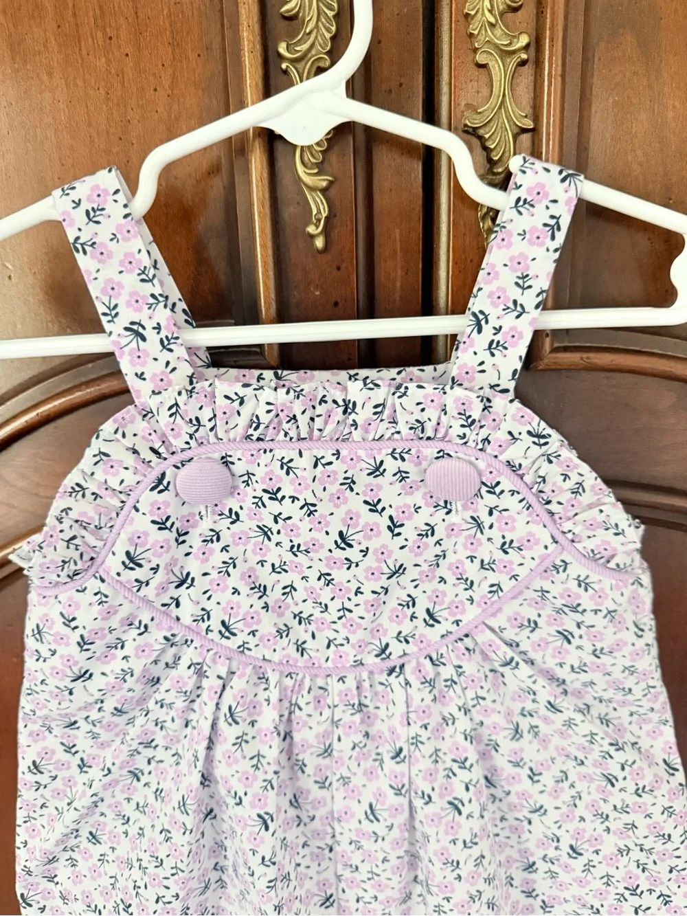 Shrimp & Grits Kids 12M Pink Floral Ruffle Bubble Romper Overalls